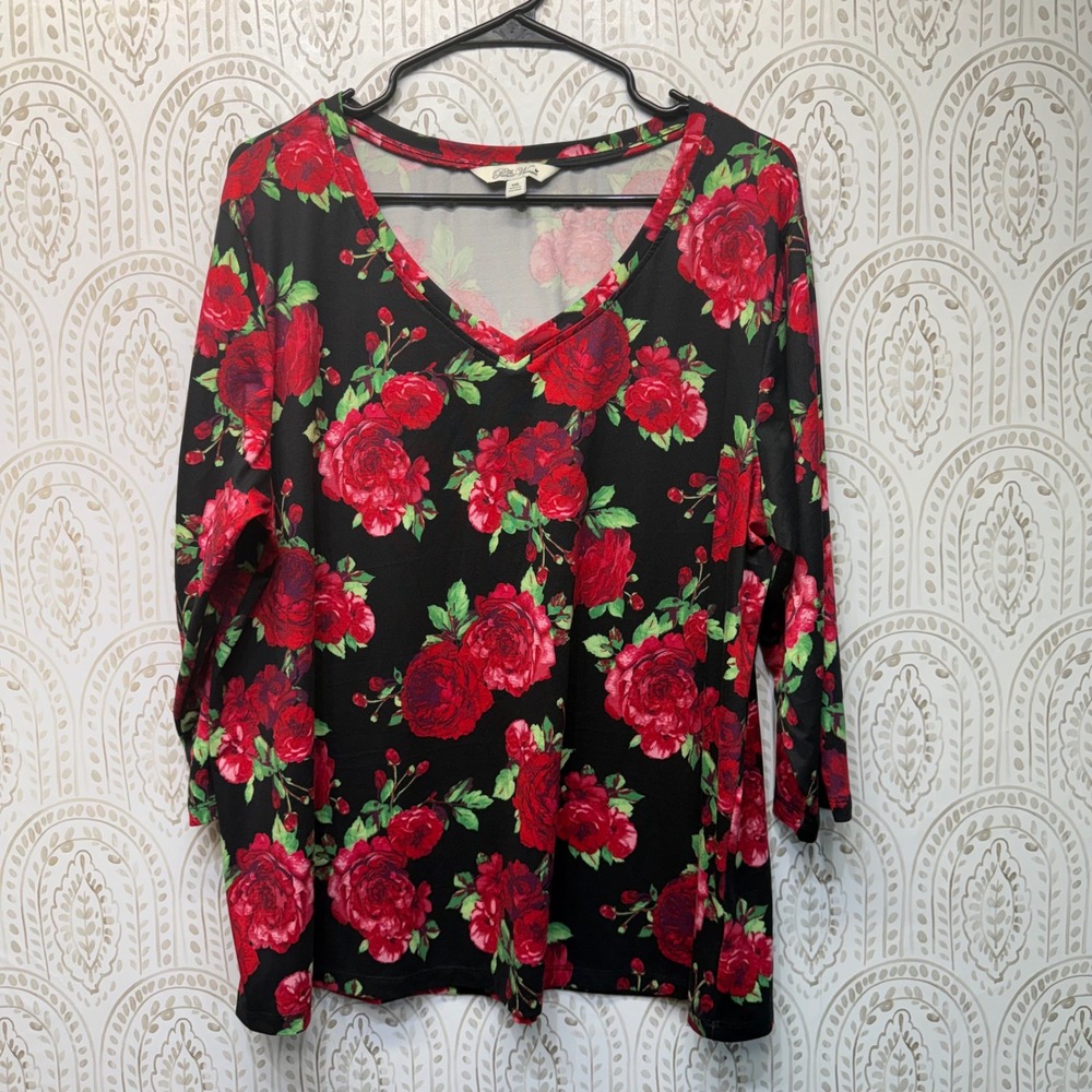 The Pioneer Woman Top Women XXL Black Red Floral V-Neck 3/4 Sleeve Rose Print